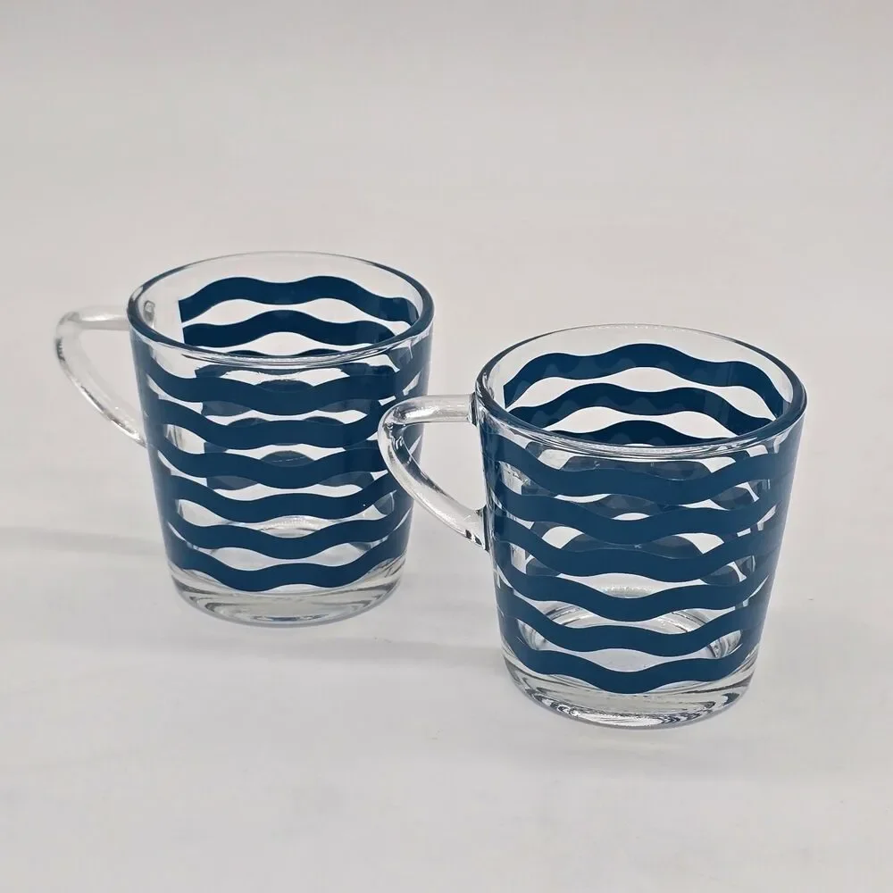 Set of 2 IKEA Glass Mugs 18314 Blue Wave Made in France